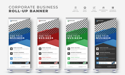 Corporate business modern roll up stand banner design, pull up vector creative x stand template with geometric shape
