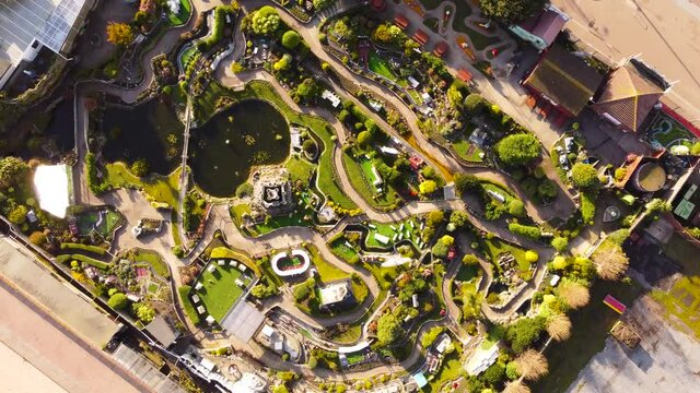 Merrivale miniature model village architectural design at Great Yarmouth, Norfolk - Drone descending shot