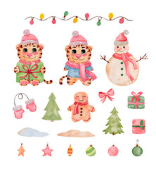 set of watercolor christmas elements with cute tiger, snowman, gifts, decorations