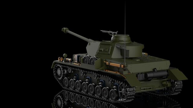 Metallic dark green military tank on black-white flash lighting background. Concept image of power strength, dynamic strategy and Strong system. 3D illustration. 3D high quality rendering. 3D CG.