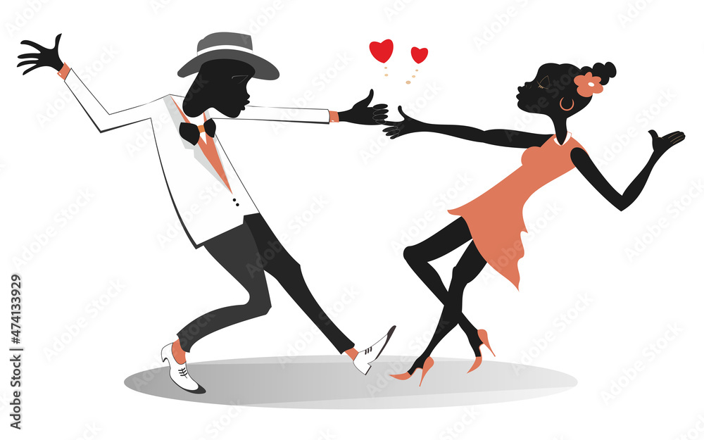 Sticker Romantic dancing young African couple isolated illustration. Funny dancing young African man and woman isolated on white illustration	 - Stickers