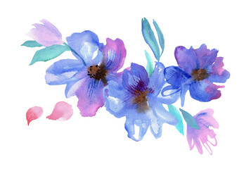 Watercolor blue flowers bouquet. Hand painted illustration. High quality photo