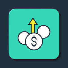 Filled outline Financial growth dollar coin icon isolated on blue background. Increasing revenue. Turquoise square button. Vector