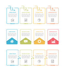 Three infographic templates with four steps, process charts, workflow