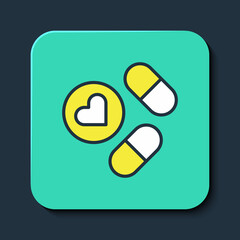 Filled outline Medicine pill or tablet icon isolated on blue background. Capsule pill and drug sign. Pharmacy design. Turquoise square button. Vector