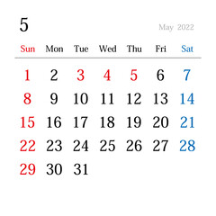 2022年5月、日本のカレンダー	