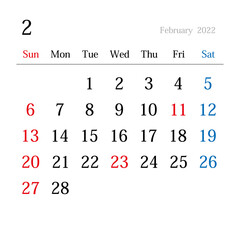 2022年2月、日本のカレンダー	