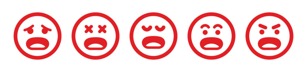 Negative emotion vector icon set. Sad and angry red emoticon. Anger and sadness emoji collection 
