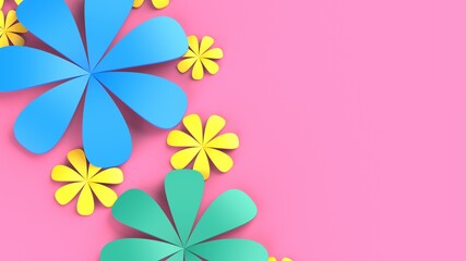 Fototapeta premium Pink background with green-blue-yellow paper flowers. Concept image of happy Invitation and reception sign. 3D CG. 3D high quality rendering. 3D illustration. High resolution.