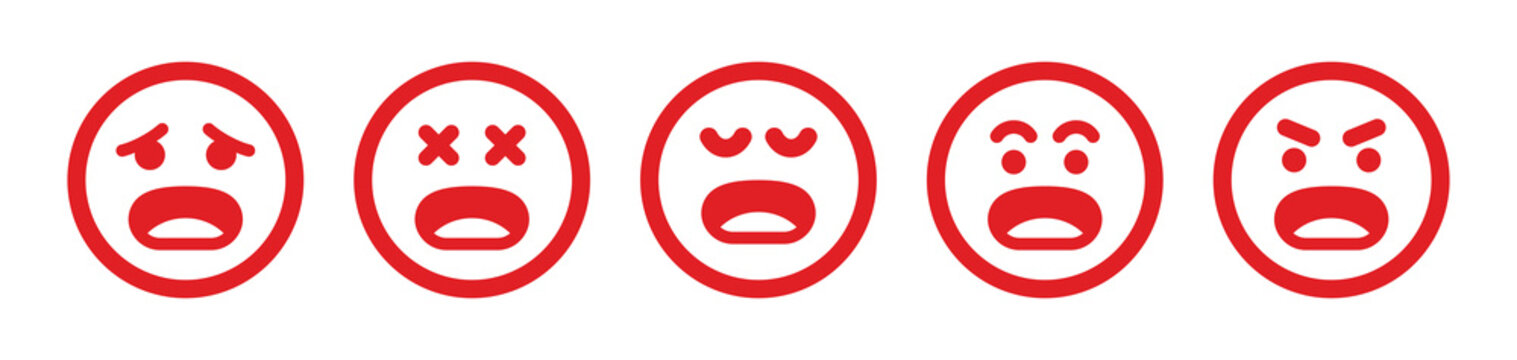 Negative Emotion Vector Icon Set. Sad And Angry Red Emoticon. Anger And Sadness Emoji Collection 