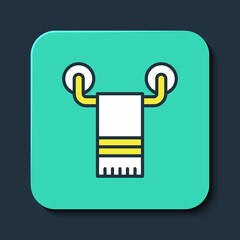 Filled outline Towel on hanger icon isolated on blue background. Bathroom towel icon. Turquoise square button. Vector