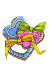 A sketch of a set of sweets for Valentine's Day. Cookies tied with ribbons