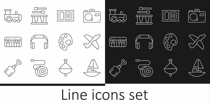 Set line Toy boat, plane, Circus ticket, Headphones, Music synthesizer, train, Palette and Drum with drum sticks icon. Vector