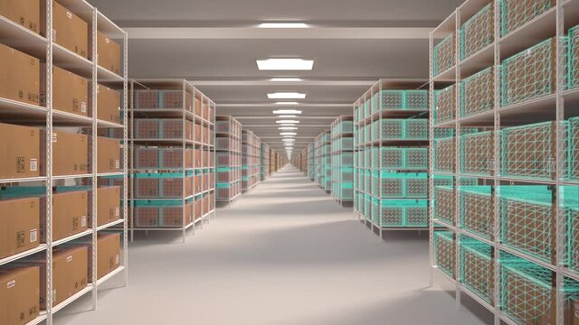 Flight through the warehouse. Shelves with cardboard boxes in a white clean warehouse. Seamless looped first-person shot. Realistic high-quality 3d rendering animation. Futuristic flashes