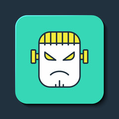 Filled outline Scary monster - Frankenstein face icon isolated on blue background. Happy Halloween party. Turquoise square button. Vector