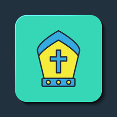 Fototapeta premium Filled outline Pope hat icon isolated on blue background. Christian hat sign. Turquoise square button. Vector