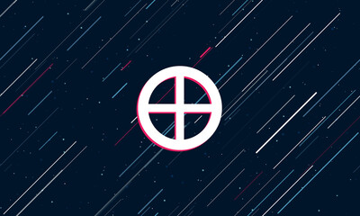 Large white astrological earth symbol framed in red in the center. The effect of flying through the stars. Vector illustration on a dark blue background with stars and slanted lines