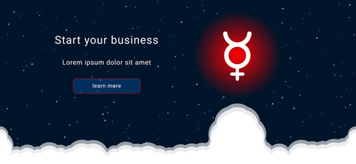 Business startup concept Landing page screen. The white astrological mercury symbol on the right. Vector illustration on dark blue background with stars and curly clouds from below
