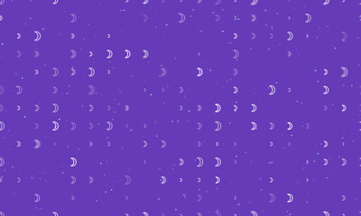 Seamless background pattern of evenly spaced white moon astrological symbols of different sizes and opacity. Vector illustration on deep purple background with stars