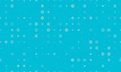 Fototapeta na wymiar Seamless background pattern of evenly spaced white astrological sun symbols of different sizes and opacity. Vector illustration on cyan background with stars