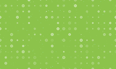 Seamless background pattern of evenly spaced white astrological earth symbols of different sizes and opacity. Vector illustration on light green background with stars
