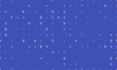Seamless background pattern of evenly spaced white astrological pluto symbols of different sizes and opacity. Vector illustration on indigo background with stars