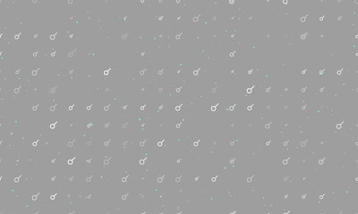 Seamless background pattern of evenly spaced white astrological connection symbols of different sizes and opacity. Vector illustration on gray background with stars