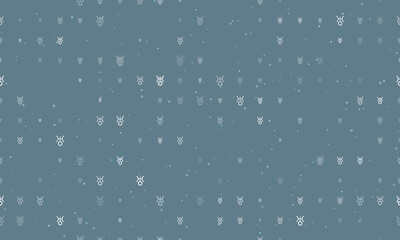 Seamless background pattern of evenly spaced white astrological uranus symbols of different sizes and opacity. Vector illustration on blue gray background with stars