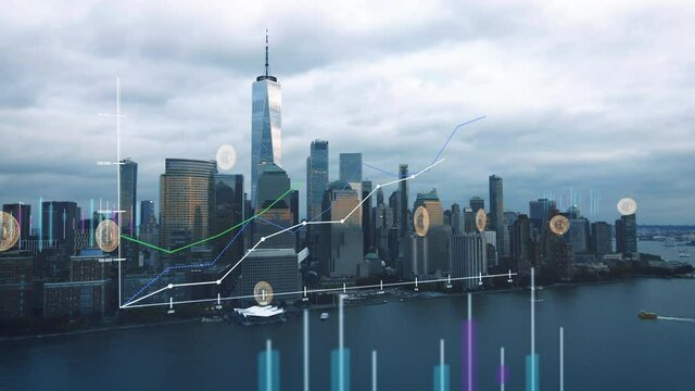 Stock market charts and Crypto Currency icons on NY city background - 3d graphics