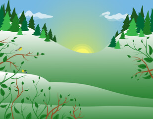 Vector illustration of a spring forest landscape with trees, hills and the rising sun