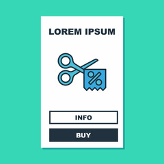 Filled outline Scissors cuts discount coupon icon isolated on turquoise background. The concept of selling in an online supermarket at low prices or half the cost. Vector