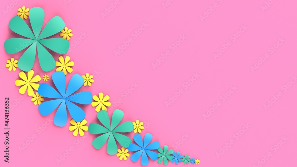 Fototapete Pink background with green-blue-yellow paper flowers. Concept image of happy Invitation and reception sign. 3D CG. 3D high quality rendering. 3D illustration. High resolution.