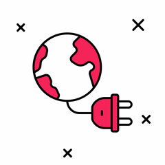 Filled outline Global energy power planet with plug icon isolated on white background. Ecology concept and environmental. Vector