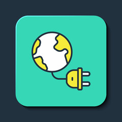 Filled outline Global energy power planet with plug icon isolated on blue background. Ecology concept and environmental. Turquoise square button. Vector
