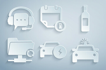 Set Electric car, Bottle of wine, FTP sync refresh, Police and flasher, Calendar clock and Headphones with speech bubble icon. Vector