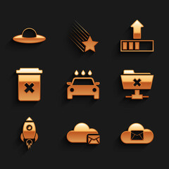 Set Car wash, Cloud mail server, , FTP cancel operation, Rocket ship with fire and Trash icon. Vector