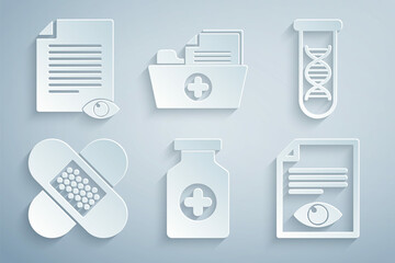 Set Medicine bottle, DNA research, search, Crossed bandage plaster, Paper page with eye, Health record folder and icon. Vector