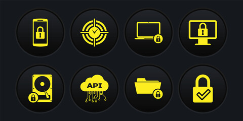 Set Hard disk drive and lock, Lock on monitor, Cloud api interface, Folder, Laptop and Time Management icon. Vector