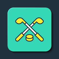 Filled outline Ice hockey sticks and puck icon isolated on blue background. Game start. Turquoise square button. Vector