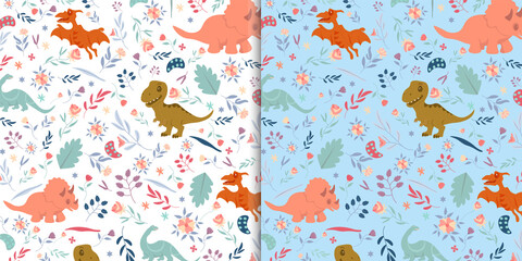 Dinosaurs with floral seamless pattern, Aplicable for fabric, textile, wallpaper, cover with dino designs, kids collection fabric. Vector illustrations © ideartstuff