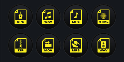 Set ZIP file document, HTML, MOV, MP3, and WAV icon. Vector