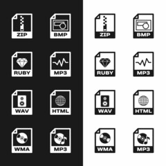 Set MP3 file document, RUBY, ZIP, BMP, WAV and HTML icon. Vector