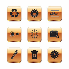 Set Recycle symbol, Pen, bin with recycle, Solar energy panel, Sun electric plug, Financial document, and icon. Vector