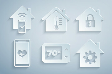 Set Thermostat, House under protection, Mobile with heart rate, Smart home settings, temperature and remote control system icon. Vector