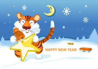 Happy New Year 2022. Cartoon cute happy tiger with star and month on winter forest background. Vector illustration for postcard, banner.