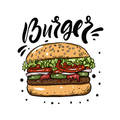 Burger hand drawn colorful vector illustration. Modern cartoon style.