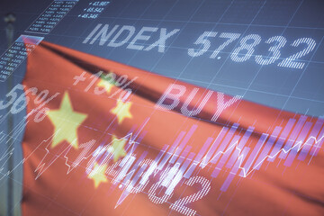 Multi exposure of virtual creative financial chart hologram on Chinese flag and blue sky background, research and analytics concept
