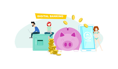 Digital Banking Concept Online Banking. People can control their finances in all their activities through online digital banking. Flat design vector illustration.