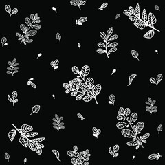 Seamless floral pattern with decorative white flowers, branches, grass and leaves. Black isolated background. Botanical print. Great for fabrics, textiles, cards.
- 474139103