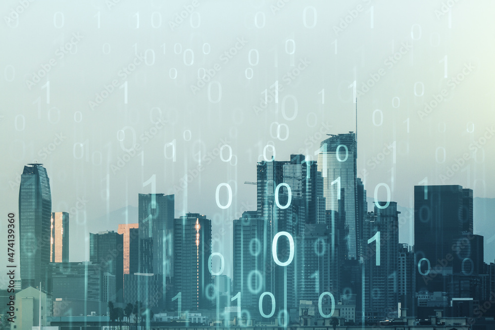 Poster abstract virtual binary code illustration on los angeles skyline background. big data and coding con